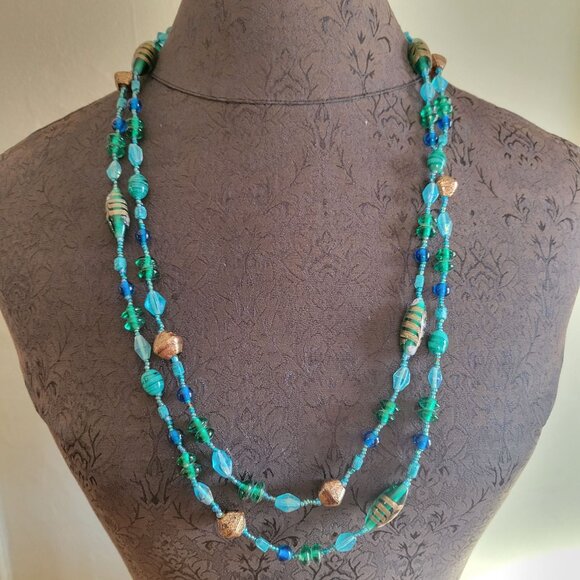Handcrafted Long Multi-Strand Beaded Necklace With Glass Beads & Metallic Accent - Picture 1 of 4